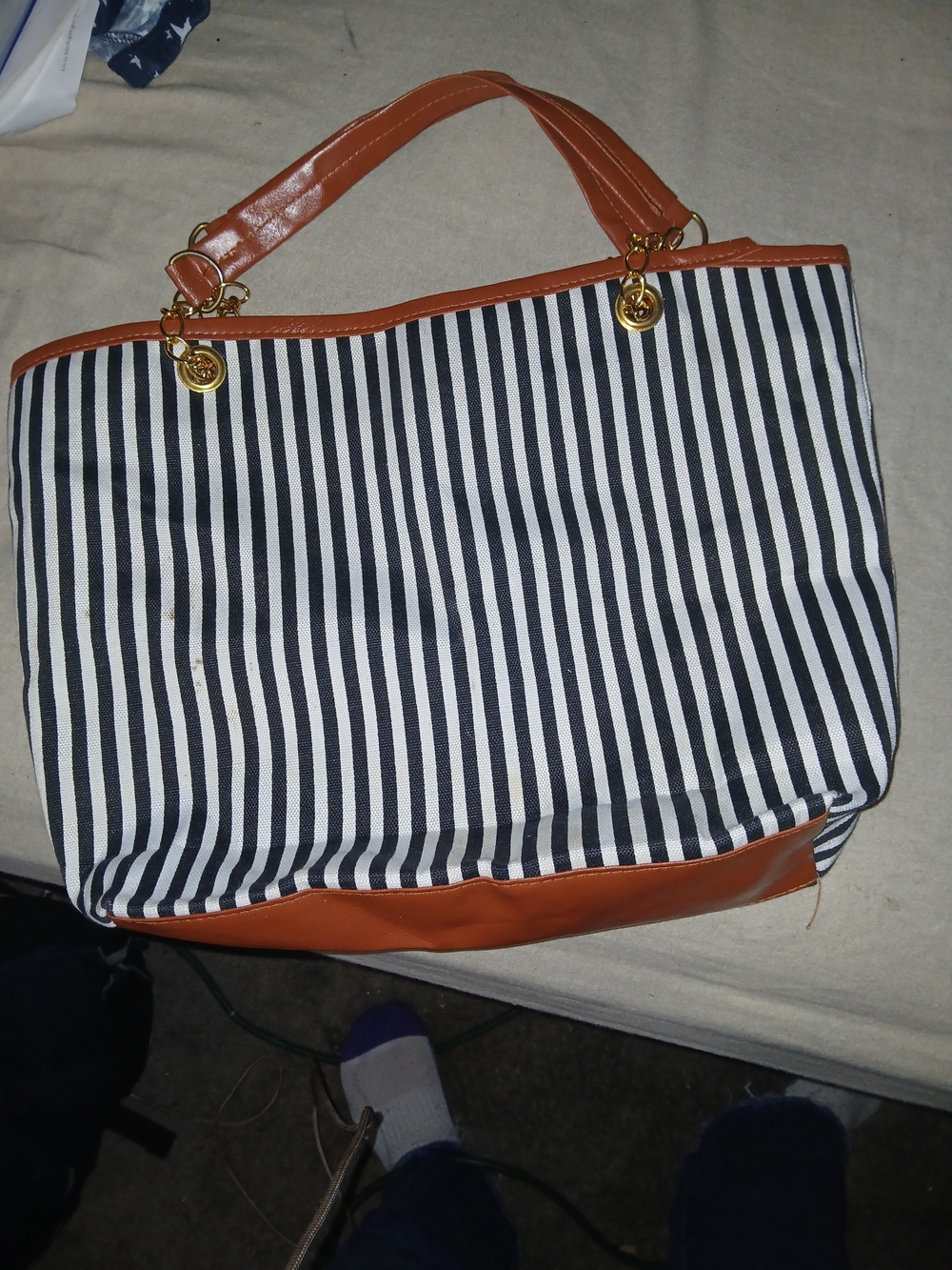 Black & White Striped Tote with Tan Trim